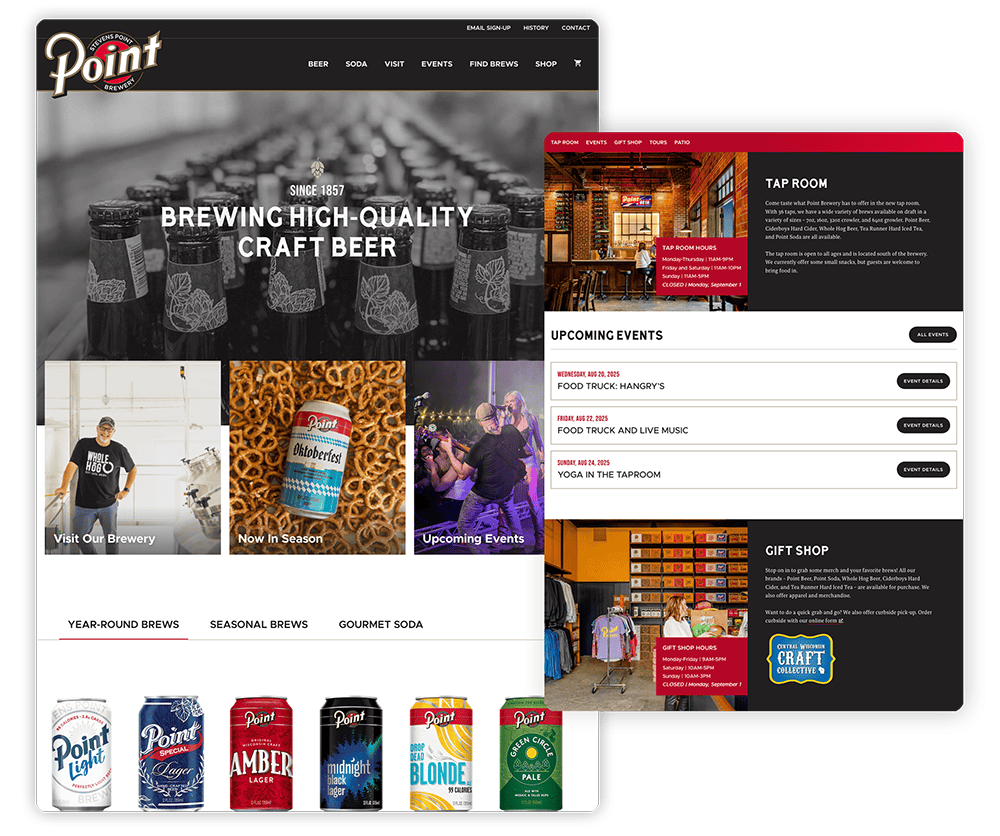 Stevens Point Brewery website page screenshots